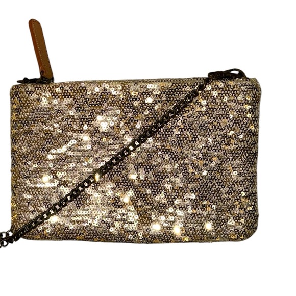J Crew Gold Sequin Crossbody Bag Purse Clutch with Detachable Chain Link Strap - Picture 2 of 6